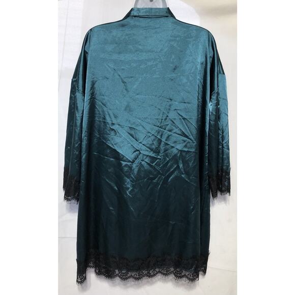 Satin Silky Teal & black Lace Robe & Shorts Set Large Lingerie Nightwear Kimono - Picture 5 of 6
